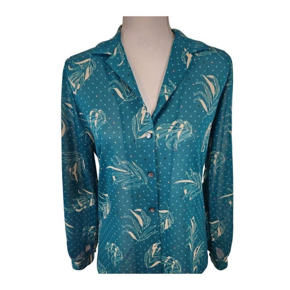Vintage 80s Graff Green Long Sleeve Button Up Shirt M Blouse Secretary Geek Chic